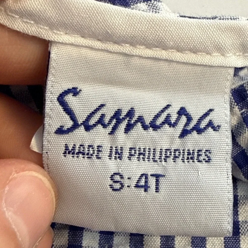 Vintage 90s Samara Navy Gingham Tulip Embroidery seersucker dress 4T cottagecore